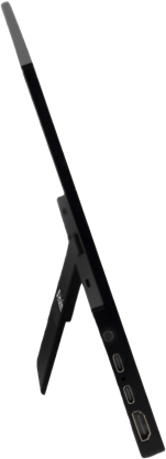 Seitenansicht eines schwarzen tragbaren Monitors mit Ständer, zeigt Anschlüsse und schlankes Design.