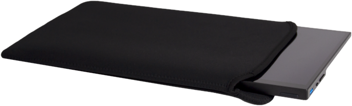 Schwarze Laptop-Hülle. Ein Laptop ist teilweise eingesetzt. Die Hülle ist schwarz und aus weichem Material.