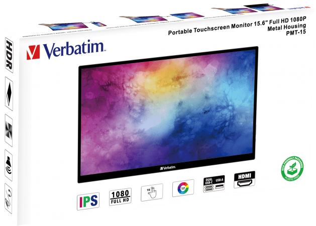 Eine Schachtel mit einem tragbaren Touchscreen-Monitor. Der Monitor zeigt ein farbenfrohes Bild.