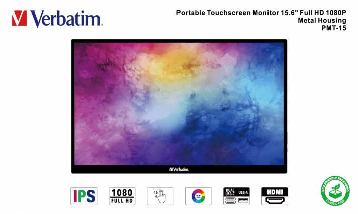 Tragbarer Touchscreen-Monitor mit farbenfrohem Hintergrund und verschiedenen Symbolen.