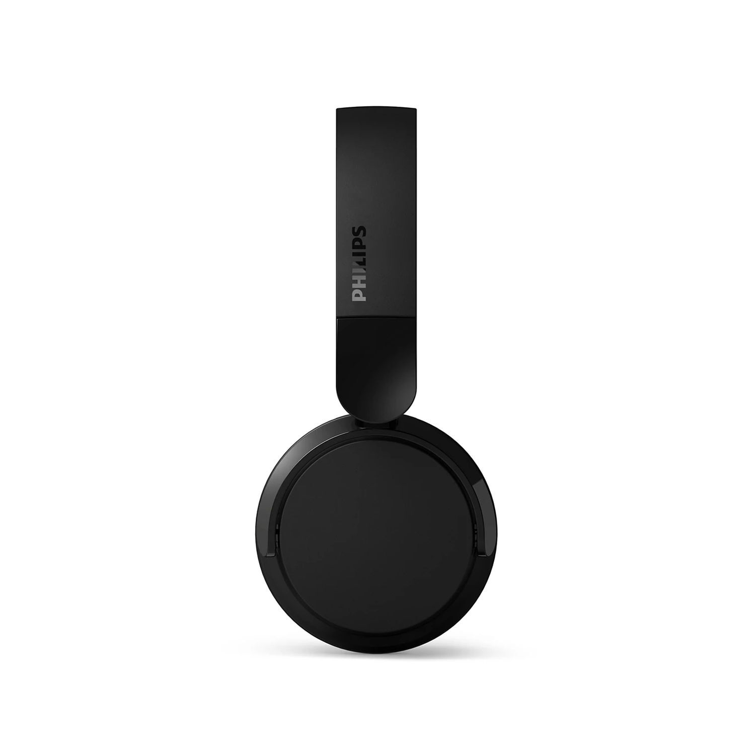 Casque Philips noir. L'arceau est en haut, les écouteurs sont ronds. Le fond est blanc.