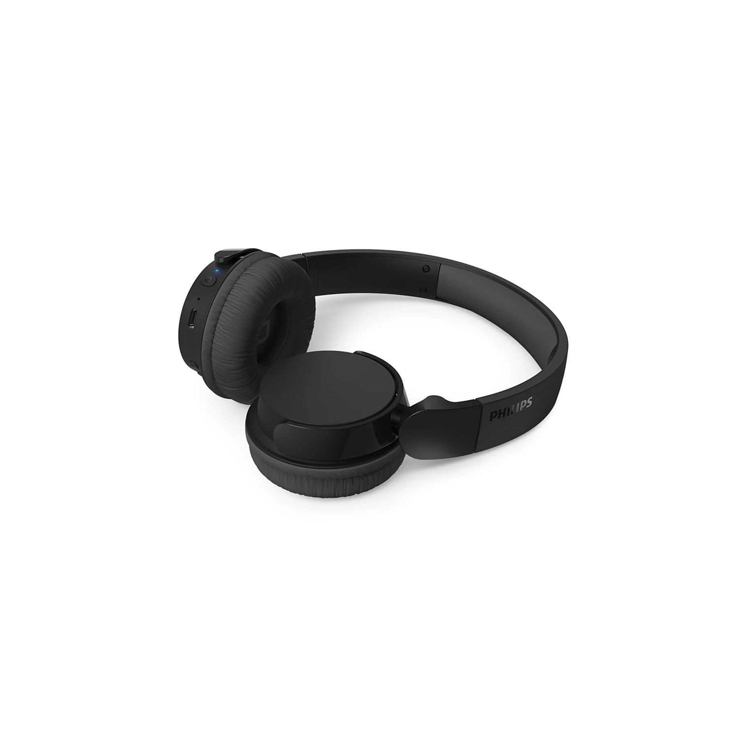 Casque noir sur fond blanc. L'écouteur droit est visible, et la marque est sur le côté.