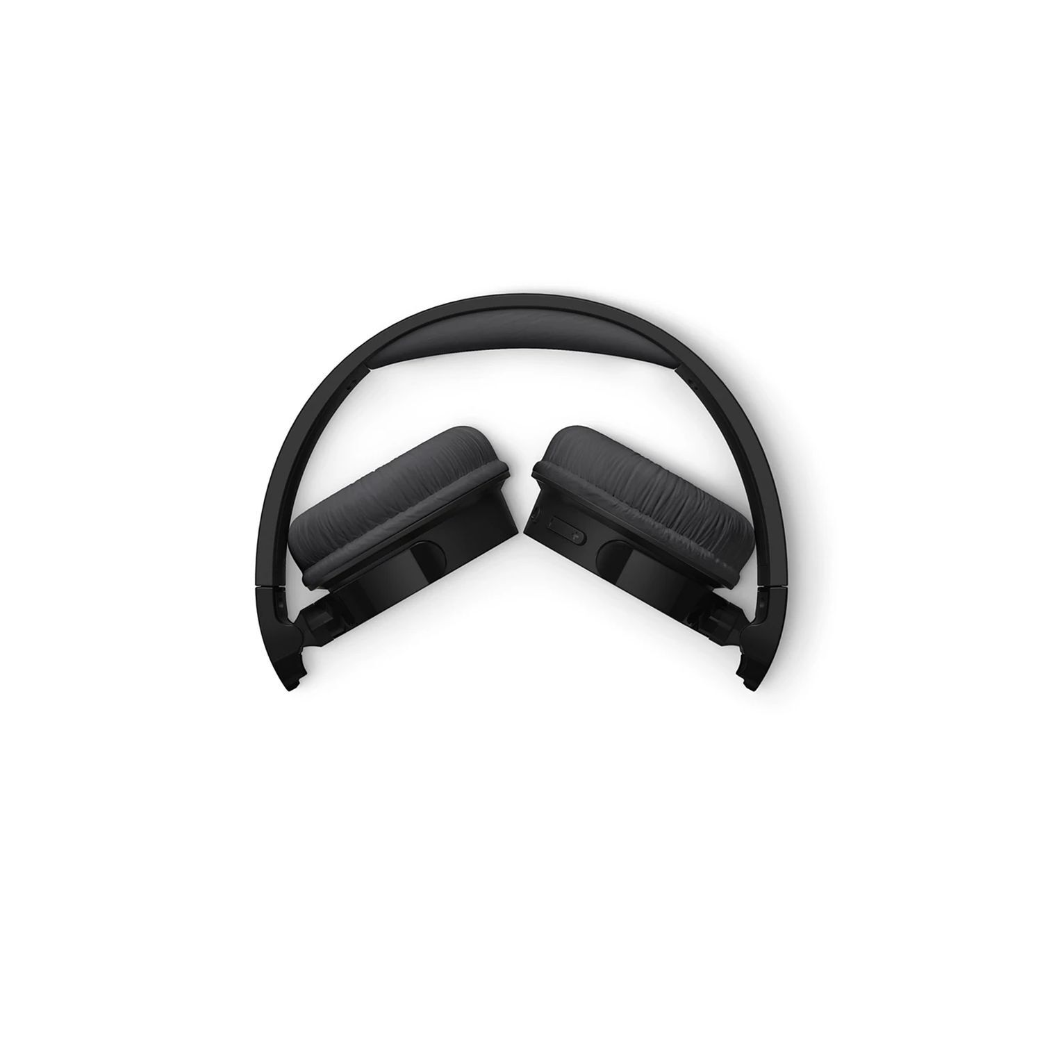 Casque pliable noir, vue de dessus, sur fond blanc.