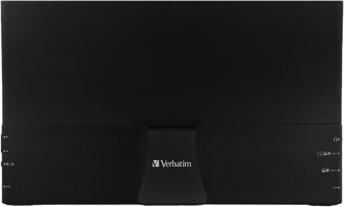 Retro del monitor Verbatim nero. Contiene porte e un logo Verbatim.