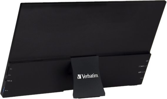 Monitor Verbatim nero da dietro, che mostra il supporto e le porte.