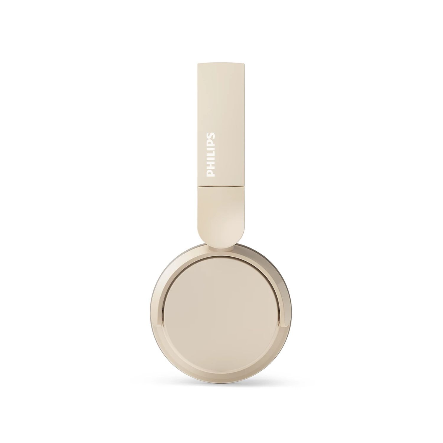Beige Philips-hoofdtelefoon, band omhoog. Oorschelpen zijn rond. Witte achtergrond.
