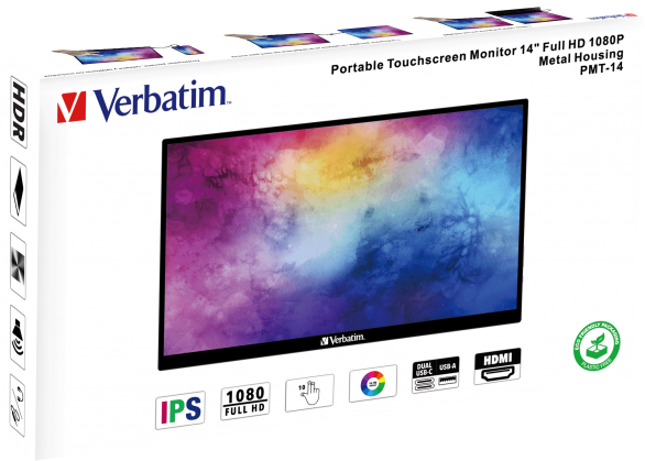 Scatola monitor Verbatim, 14" Full HD, immagine del display colorata.