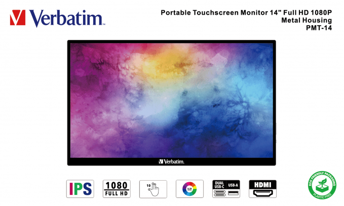 Un monitor touchscreen Verbatim. Lo schermo mostra un'immagine astratta colorata. Icone in basso.