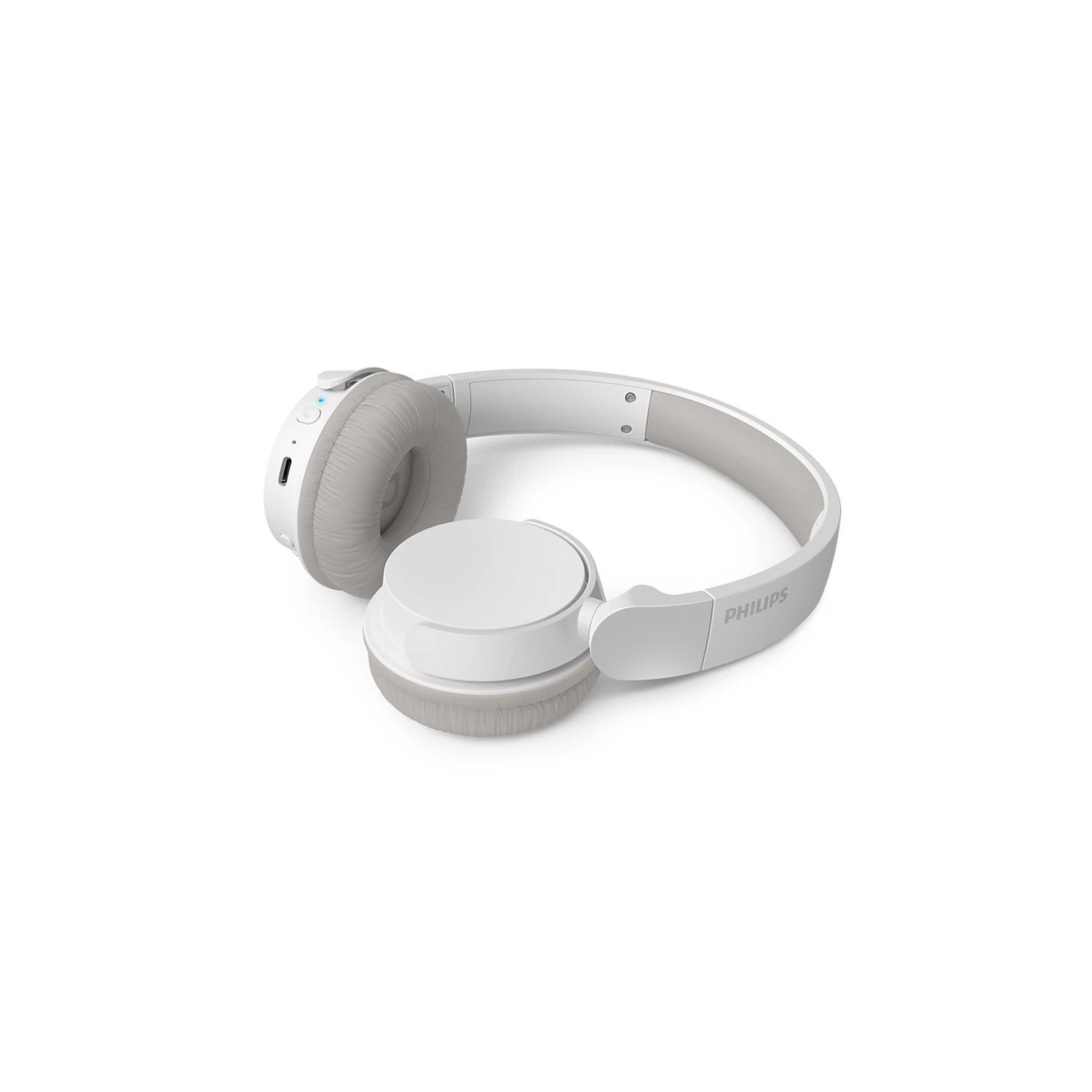 White headphones with grey ear cushions and a grey headband, on white.