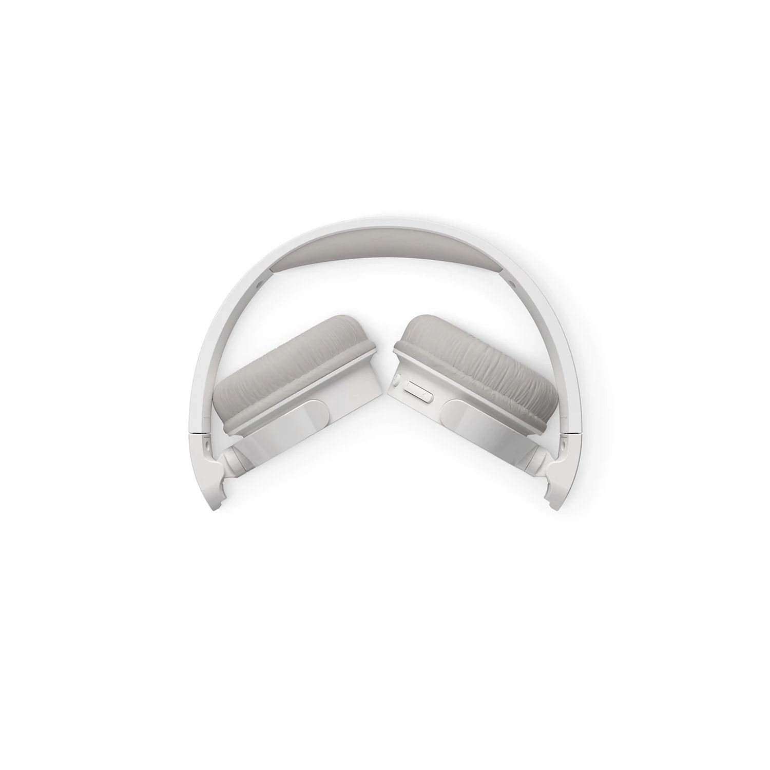 White headphones folded, showing the earcups and the top arch. The background is white.