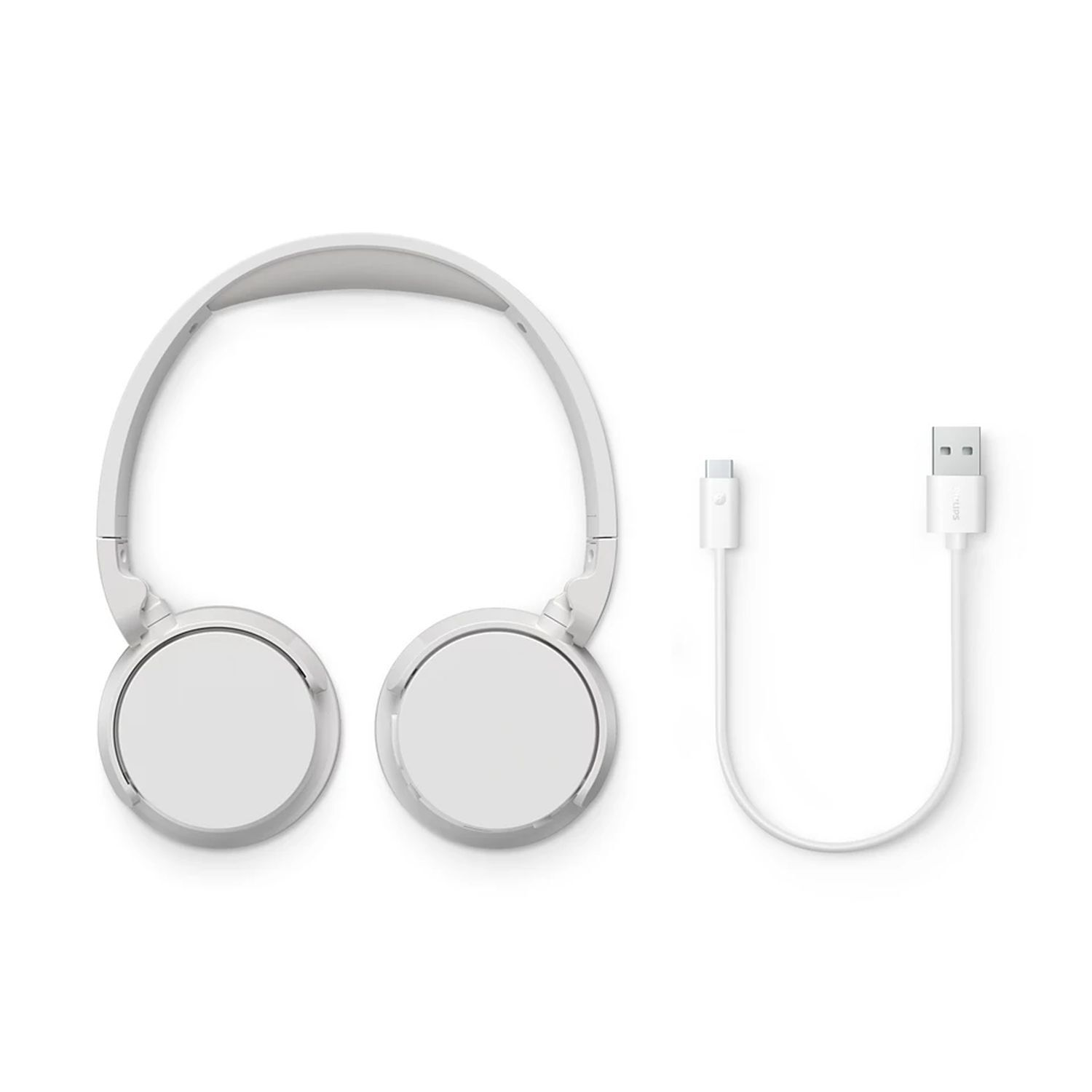White headphones and a white USB-C to USB-A cable, against a white background.