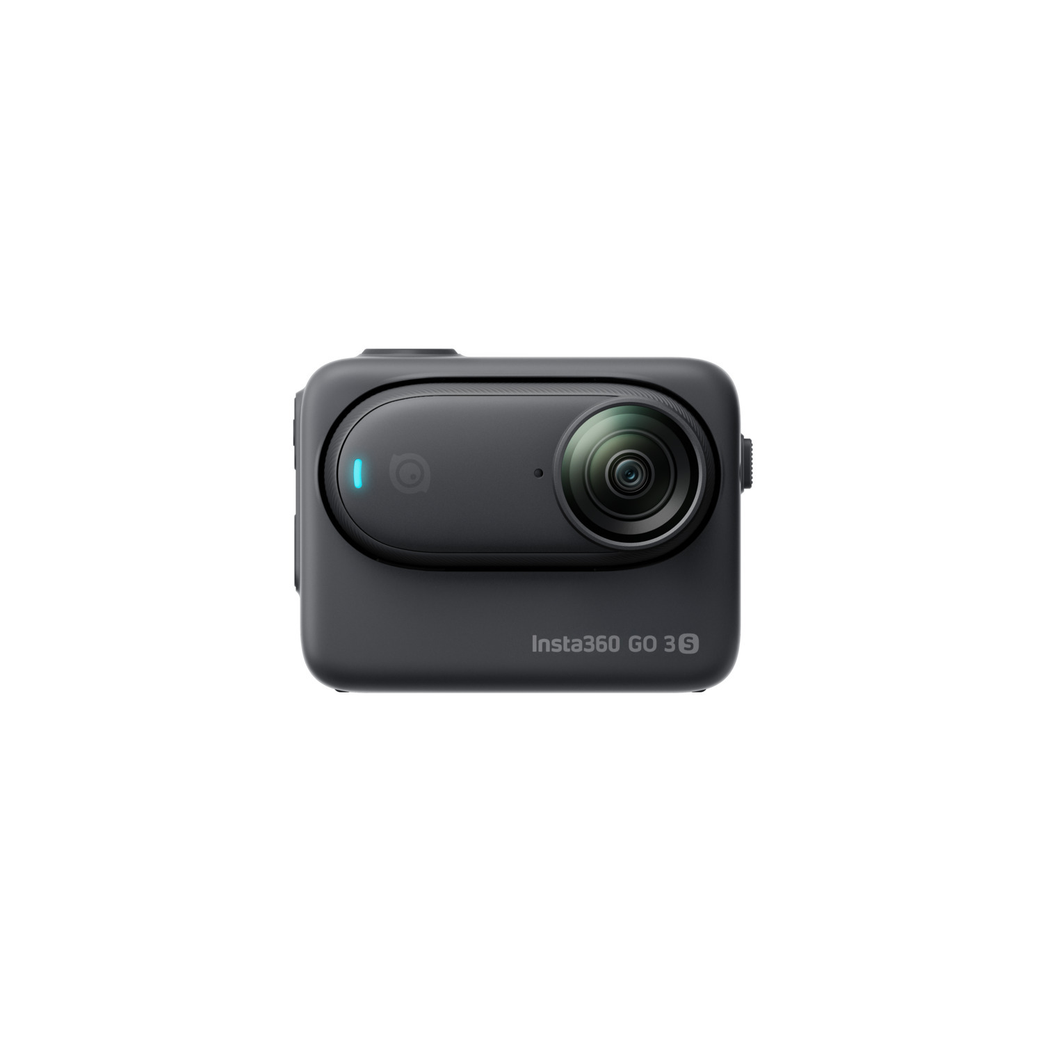 Zwarte Insta360 GO 3S camera. Vierkante vorm, lens en knop zichtbaar. Witte achtergrond.