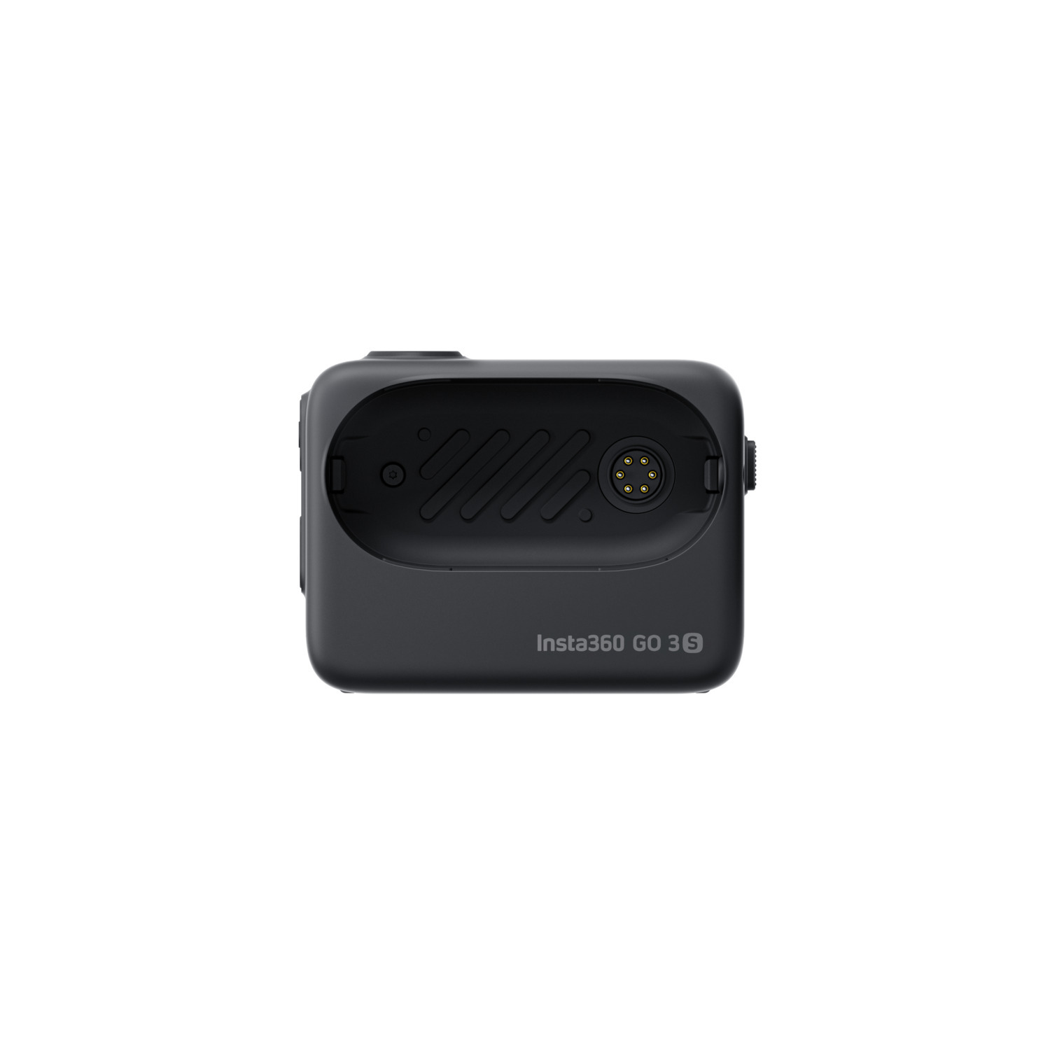 Zwarte Insta360 Go 3S oplaadcase, met de oplaadpoort zichtbaar, geïsoleerd.