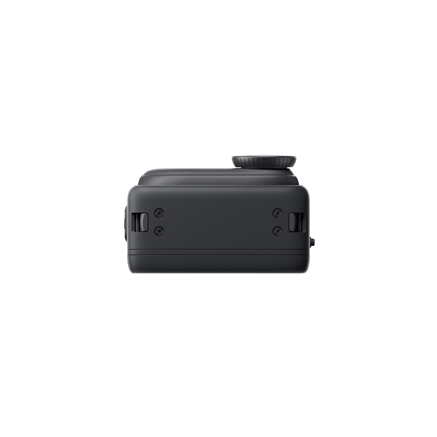 Zwarte action camera van bovenaf, met knoppen en schroeven.