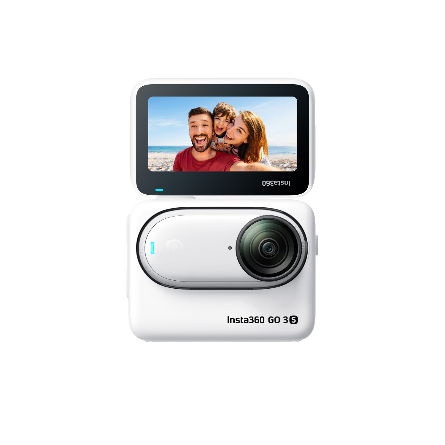 Caméra Insta360 GO 3 S. La caméra et un écran rabattable sont affichés. Une famille est sur l'écran.