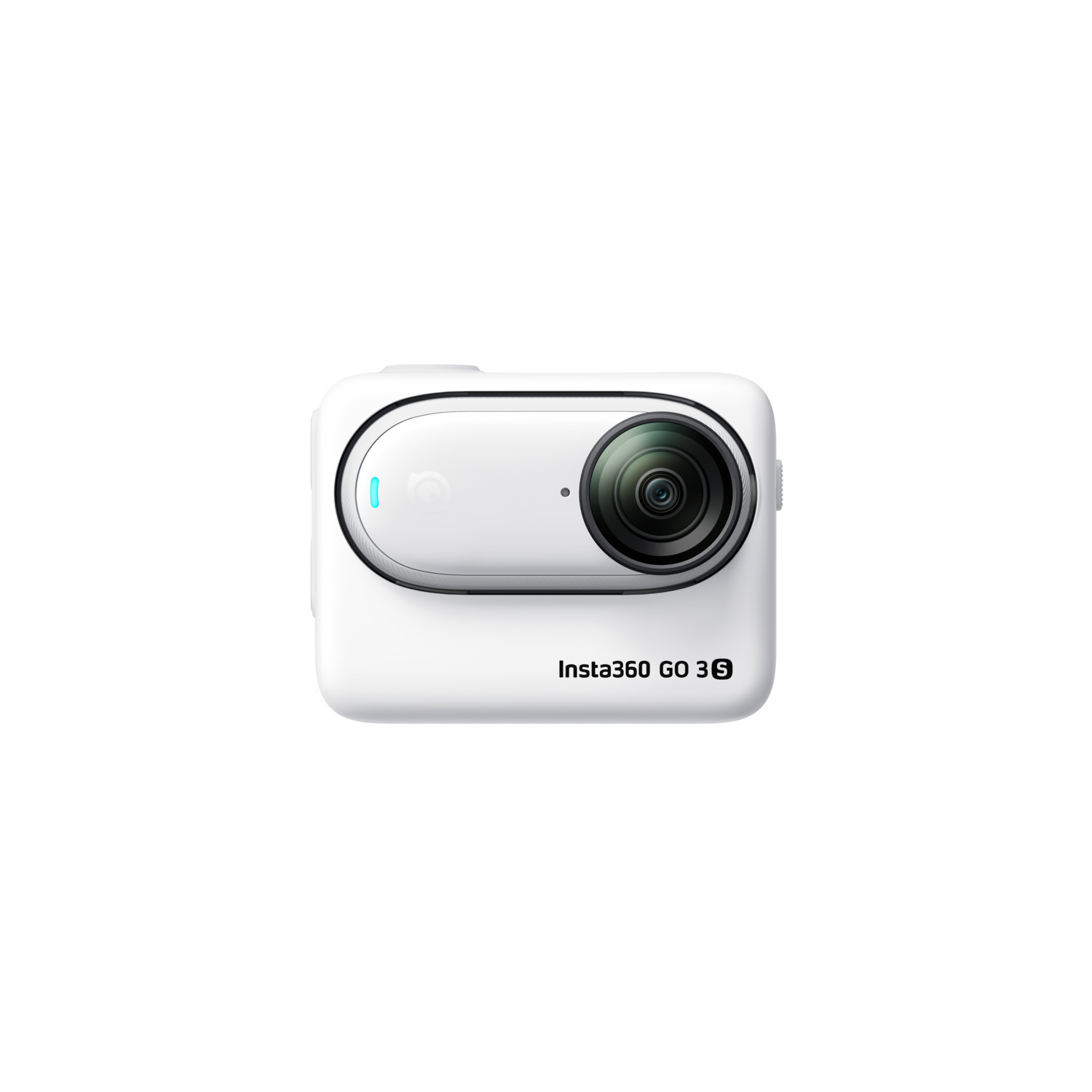 Caméra Insta360 GO 3S blanche. Elle a un objectif et une petite lumière bleue.