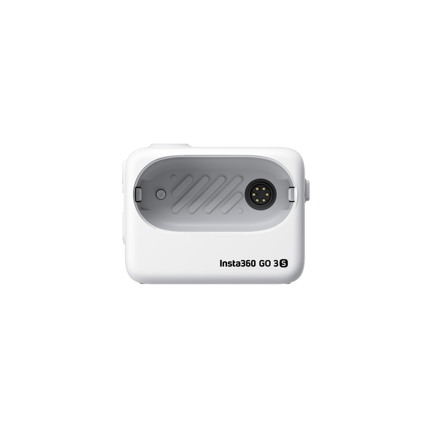 Boîtier de charge blanc de la caméra Insta360 GO 3 S, ouvert, avec connecteur circulaire.