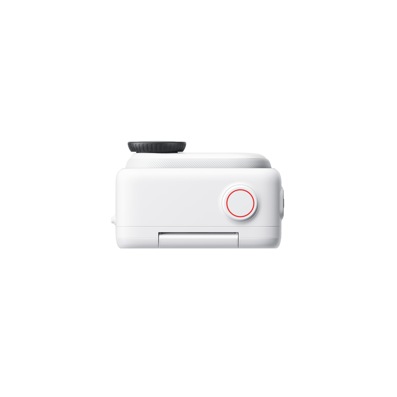 Caméra d'action blanche, avec objectif et bouton rouge, sur fond blanc.