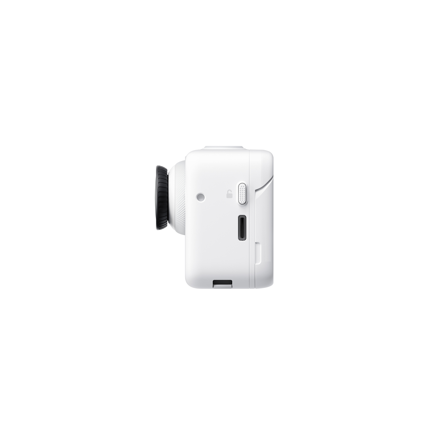 Une caméra blanche vue de côté, avec un objectif et un port USB.