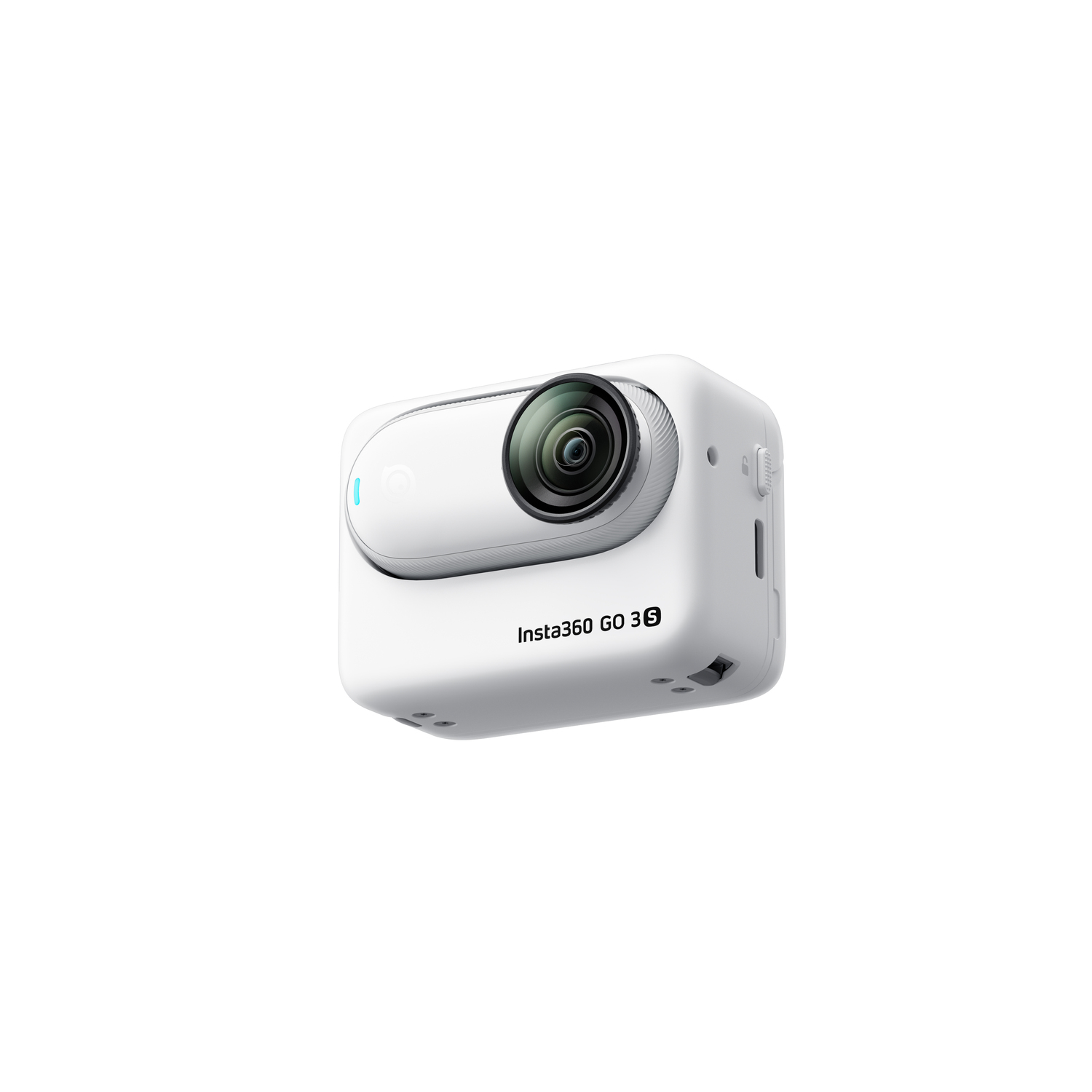 Une caméra Insta360 GO 3S blanche sur fond blanc, petite et compacte. Possède un objectif.
