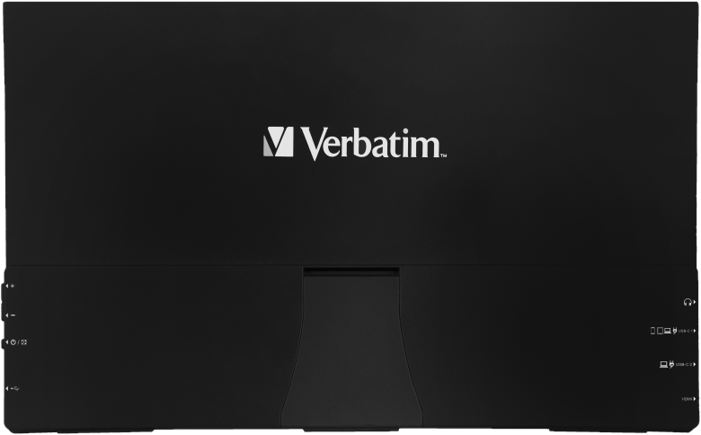 Schwarzer Verbatim-Monitor, Rückansicht, mit dem Verbatim-Logo.