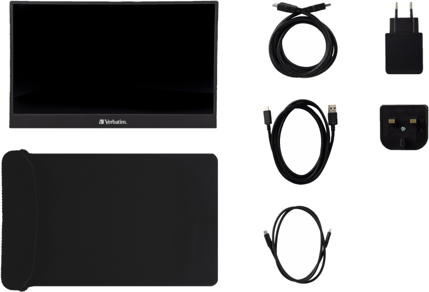 Schwarzer Monitor, Kabel, Ladegerät und Adapter auf weißem Hintergrund.