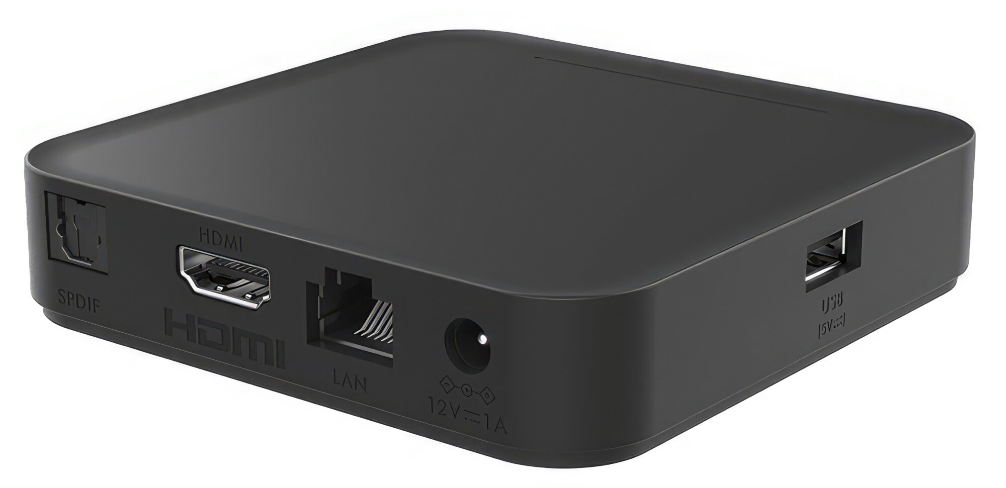 Czarne urządzenie z portami SPDIF, HDMI, LAN i USB. Czarne tło.