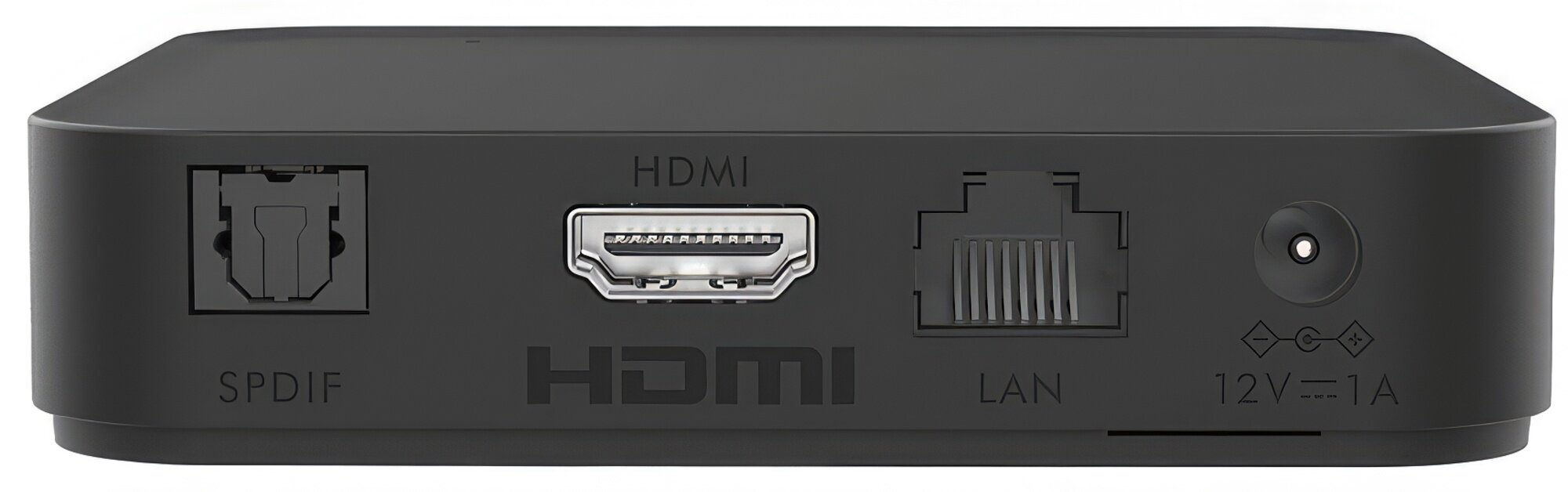 Czarny tył urządzenia z portami: SPDIF, HDMI, LAN i wejściem zasilania 12V, na białym tle.