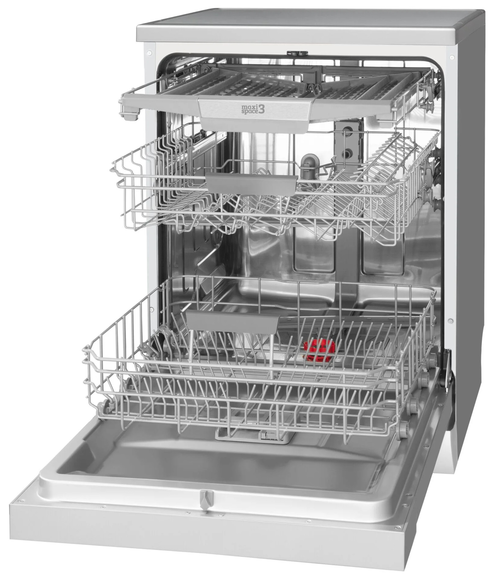 Wnętrze zmywarki, otwarte drzwi, widoczne kosze. Srebro i biel z czerwonym elementem.