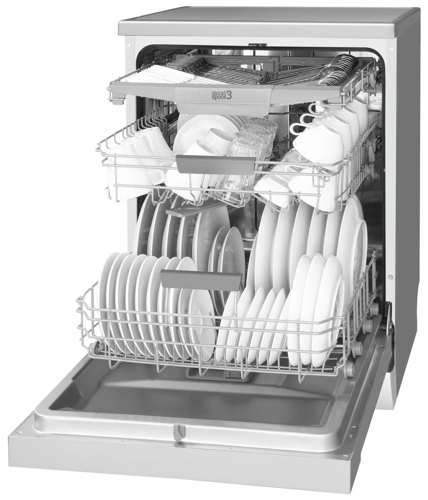 Zmywarka z otwartymi drzwiami. Naczynia, kubki i sztućce znajdują się w koszach.