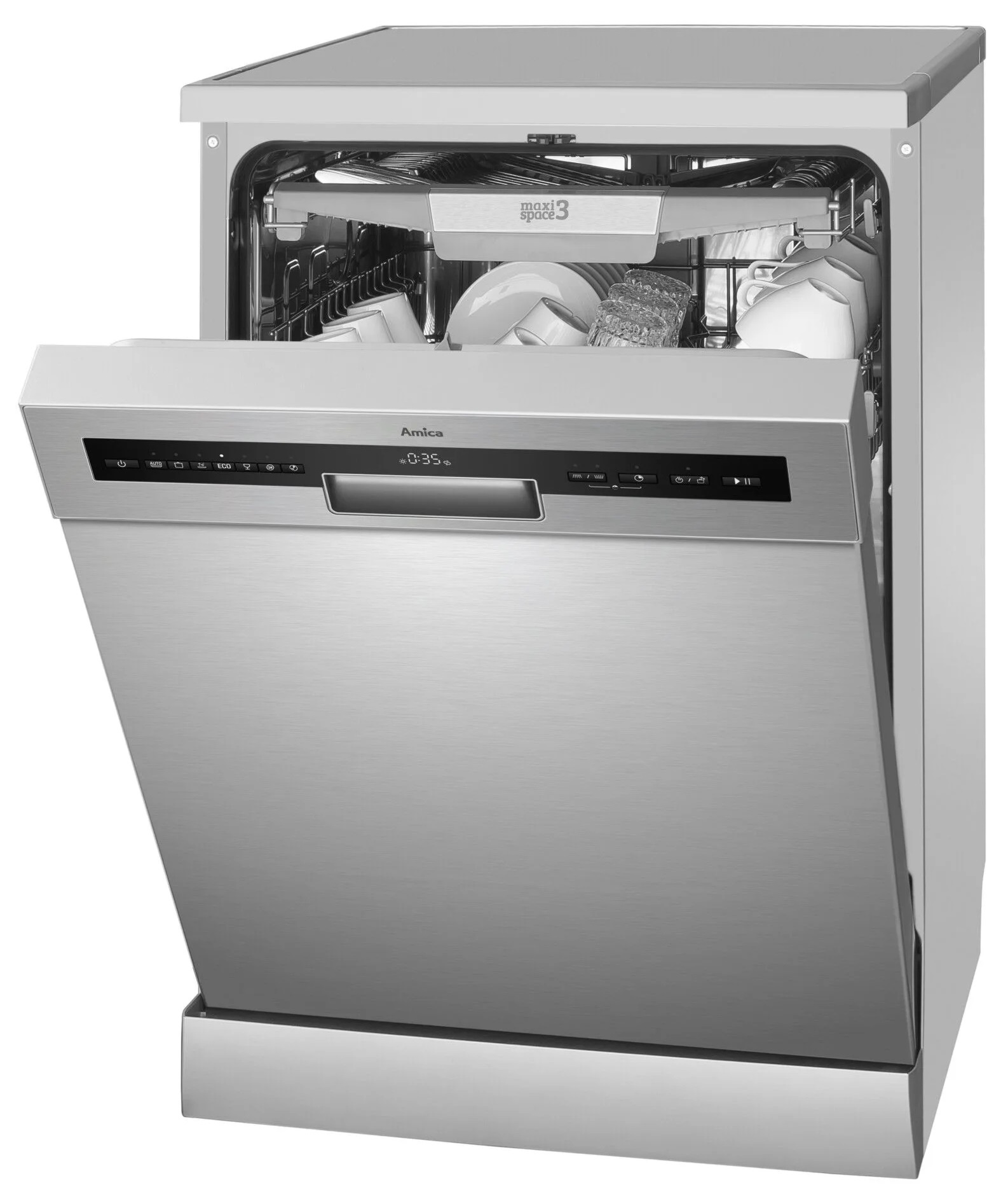 Zmywarka ze stali nierdzewnej z otwartymi drzwiami. Wewnątrz znajdują się naczynia i szklanki.