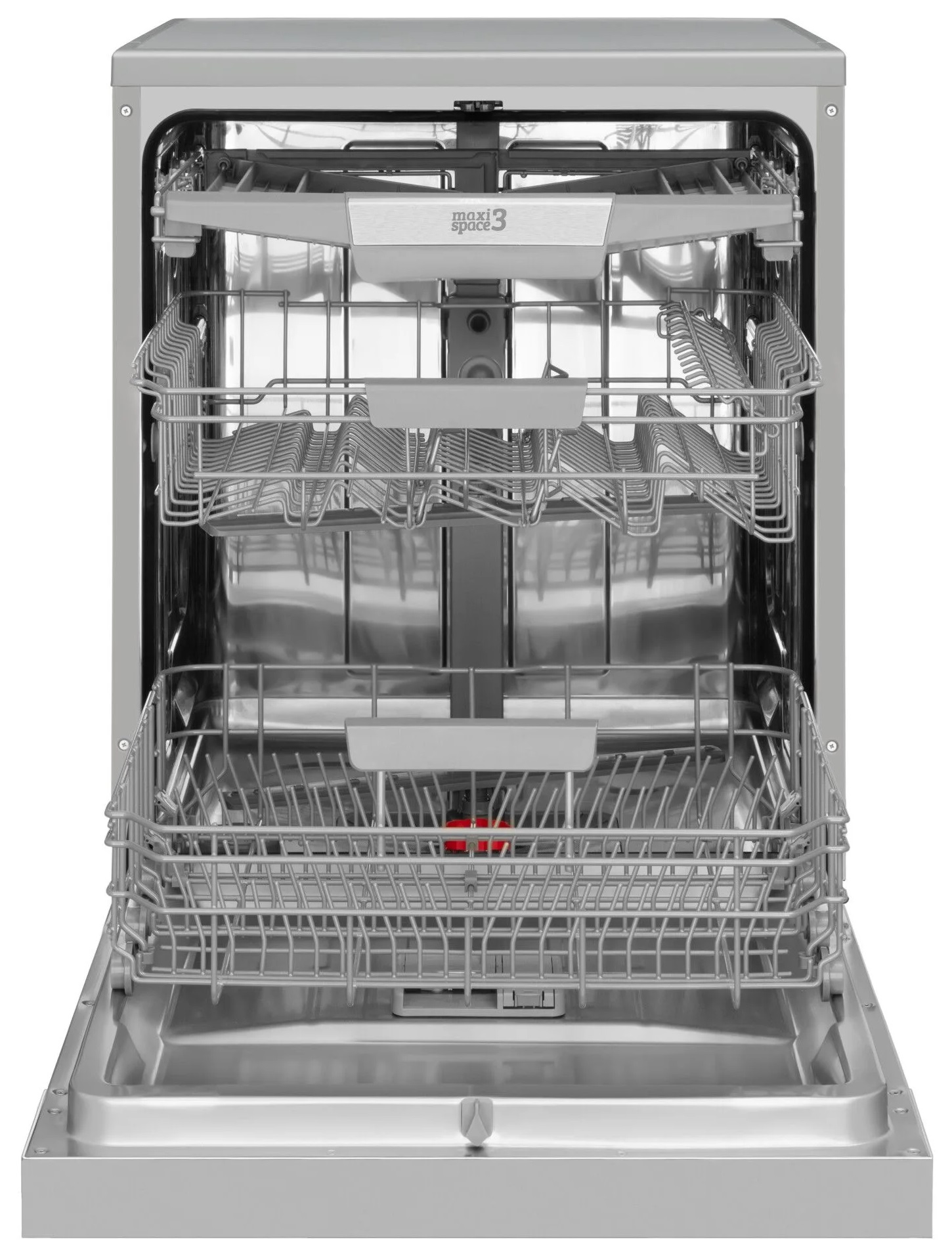 Wnętrze zmywarki. Otwarte drzwi, kosze w środku.