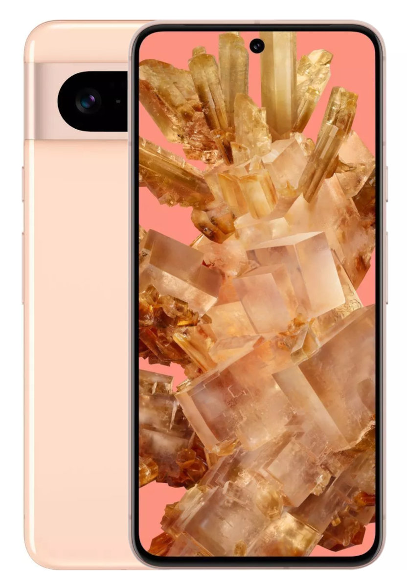 Różowy telefon z kryształami na ekranie. Telefon ma wybrzuszenie kamery.