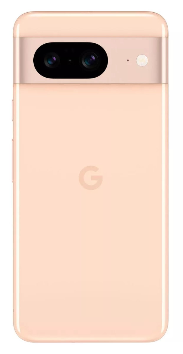 Brzoskwiniowy telefon z aparatem i logo Google.