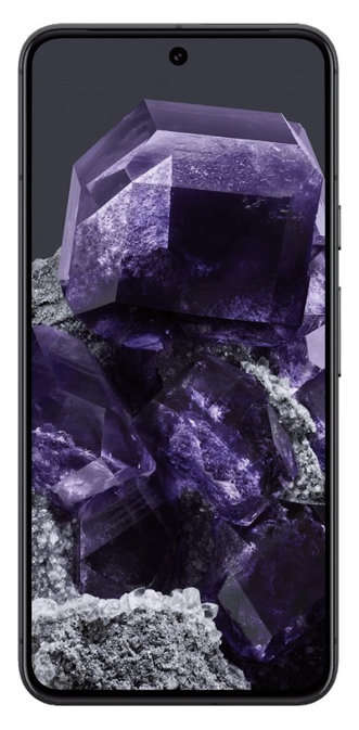 Czarny smartfon wyświetlający fioletowy obraz kryształu na białym tle.