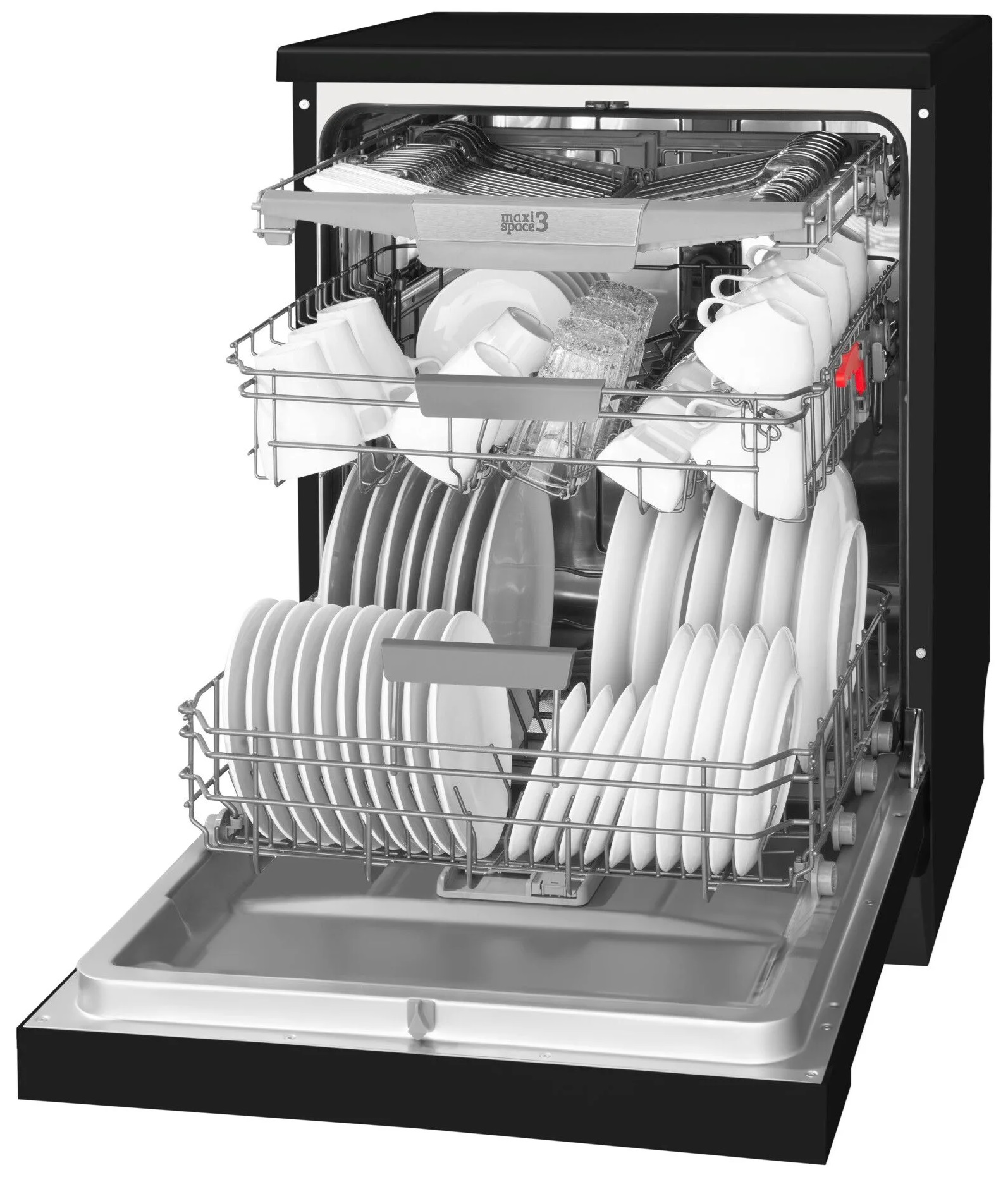 Zmywarka z naczyniami w środku, otwarte drzwi, czarny korpus, białe wnętrze.