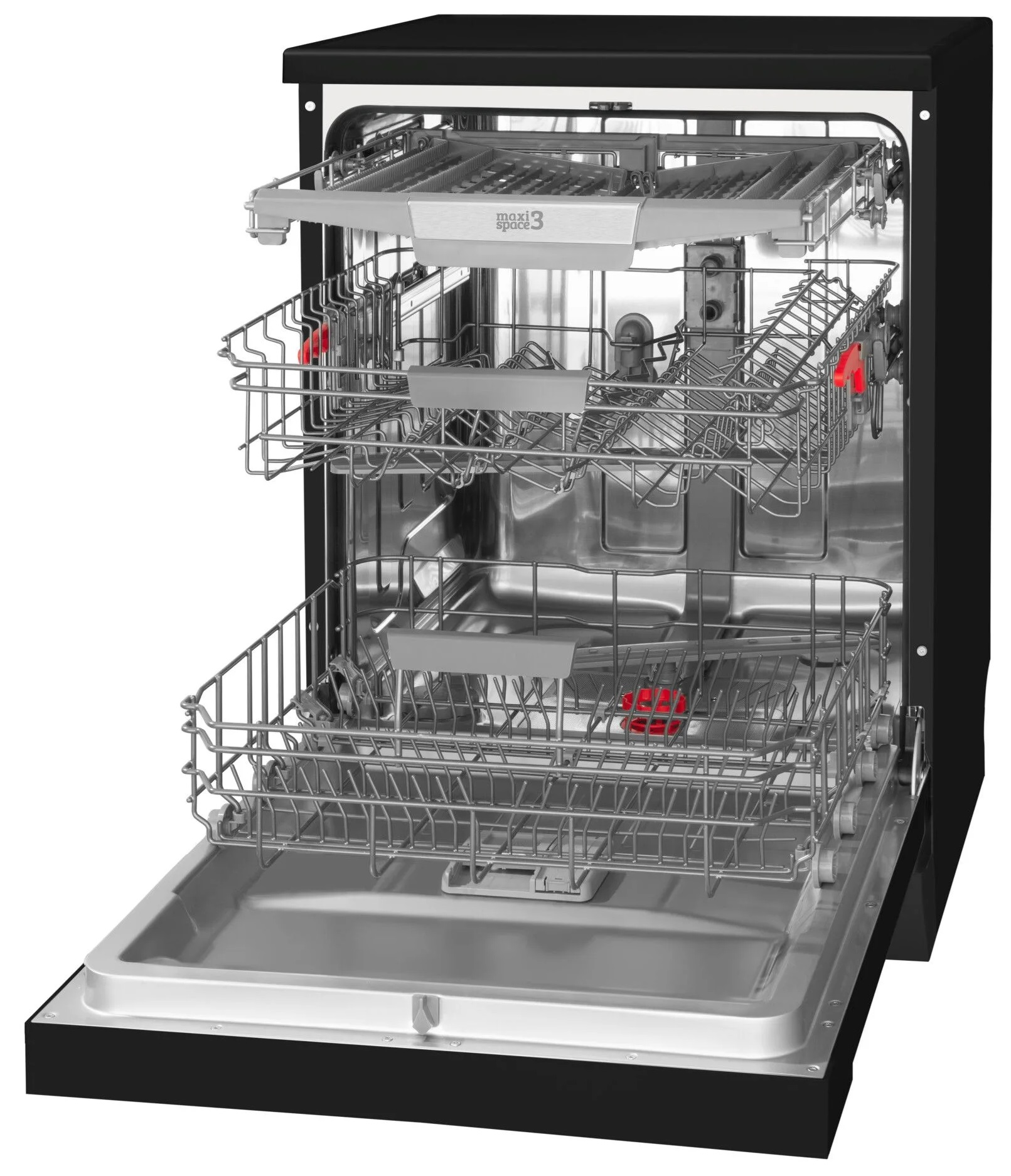 Czarna zmywarka z otwartymi drzwiami, pokazująca półki i wnętrze.