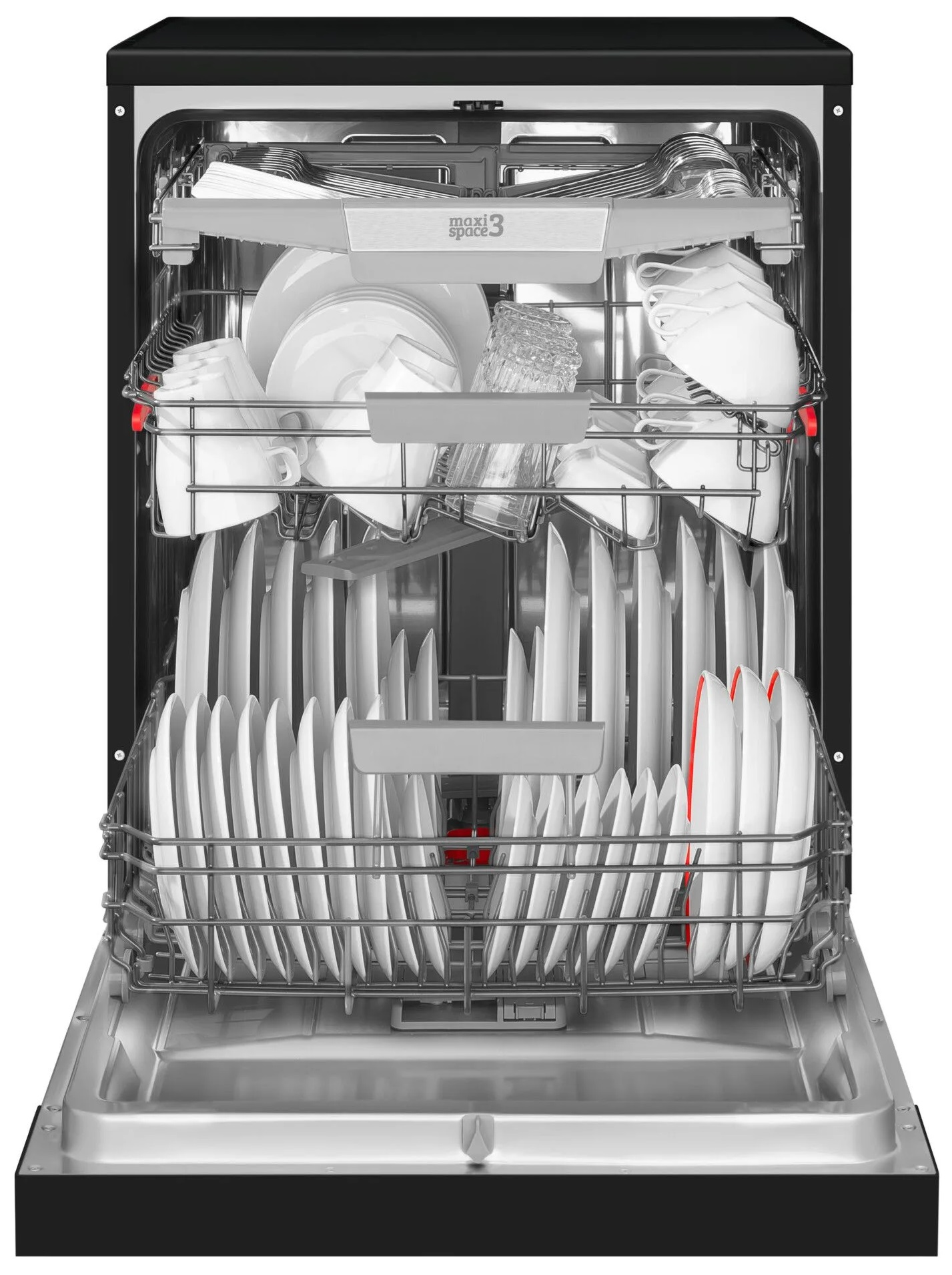 Otwarta zmywarka z czystymi naczyniami, szklankami i sztućcami w środku.