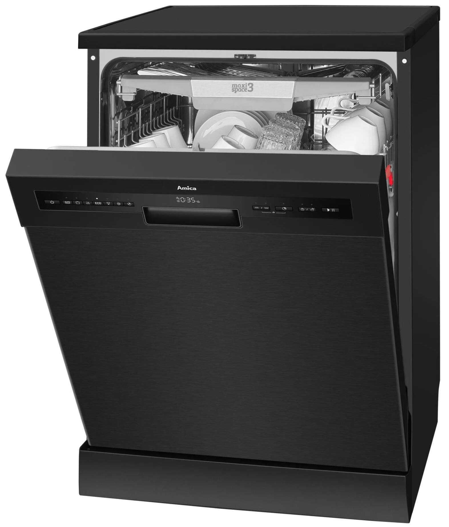 Czarna zmywarka z otwartymi drzwiami, wypełniona naczyniami i szklankami.