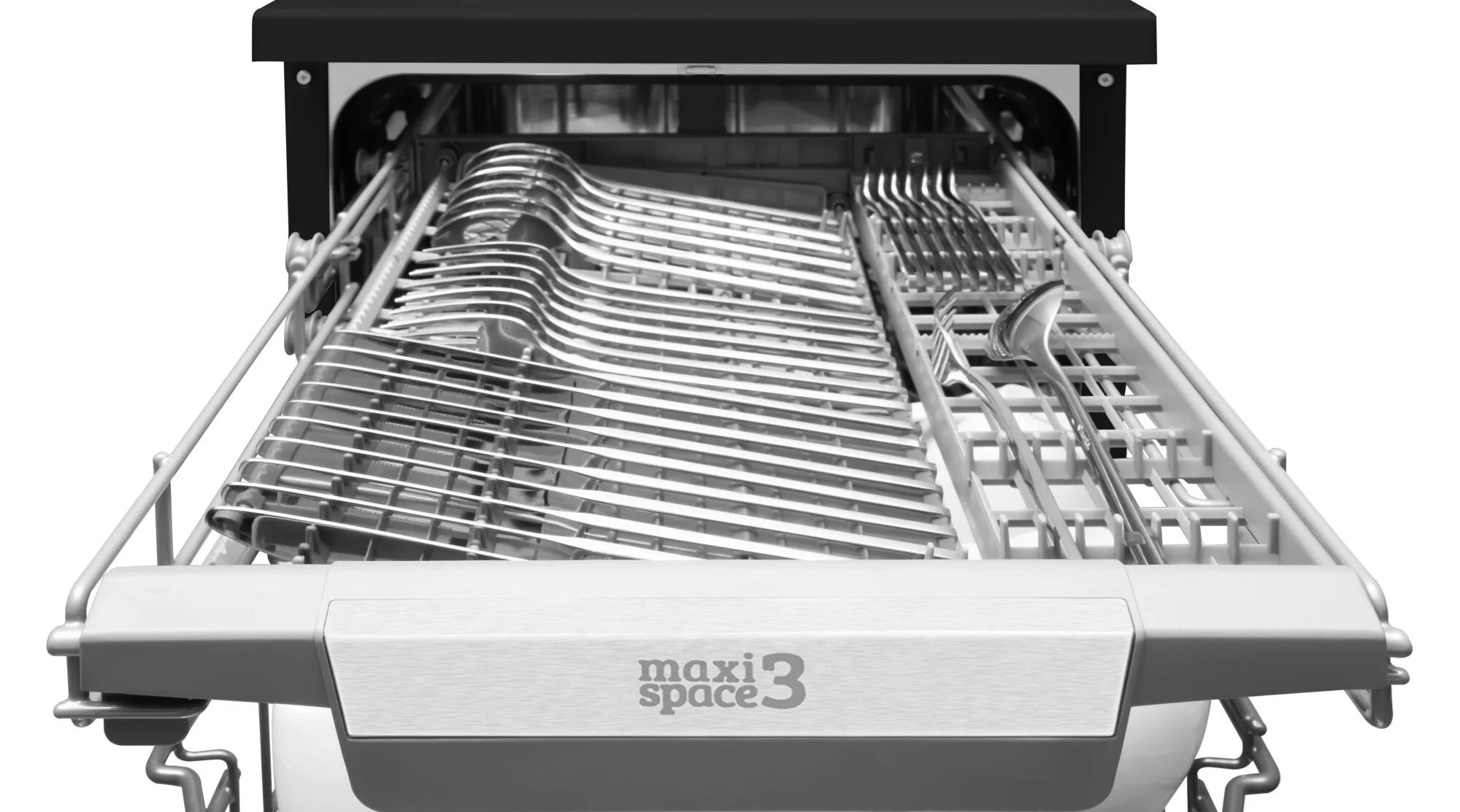 Zmywarka z otwartymi półkami, widok wnętrza.
