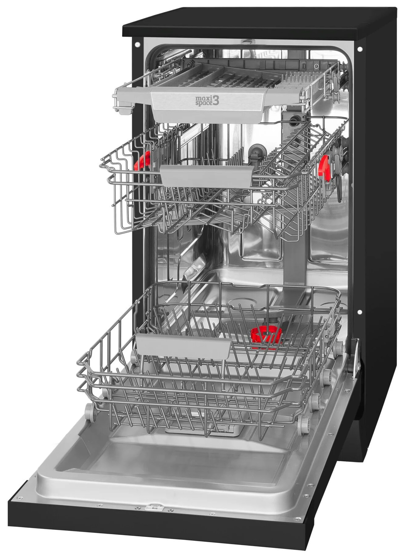 Zmywarka z załadowanymi naczyniami i filiżankami na półkach.