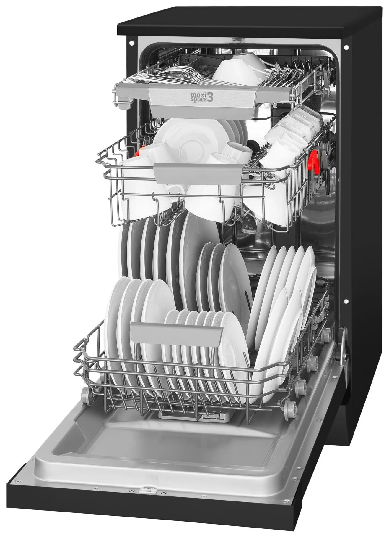 Otwarta zmywarka pokazująca puste półki.