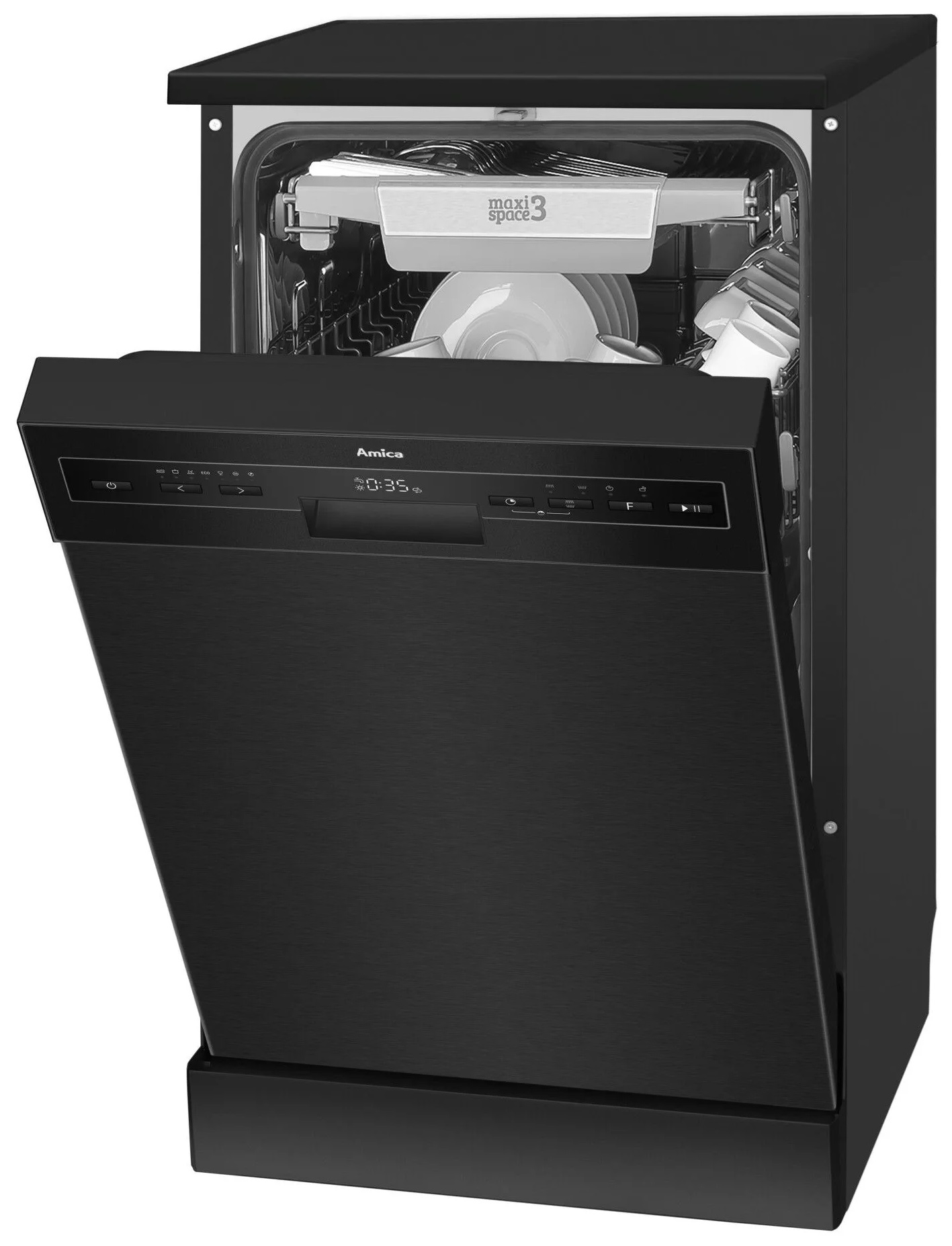 Czarna zmywarka z otwartymi drzwiami, pokazująca szczegóły wnętrza.