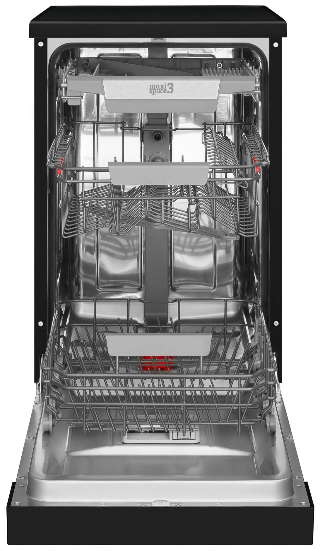 Otwarta zmywarka z pustymi półkami, gotowa do załadunku naczyń.