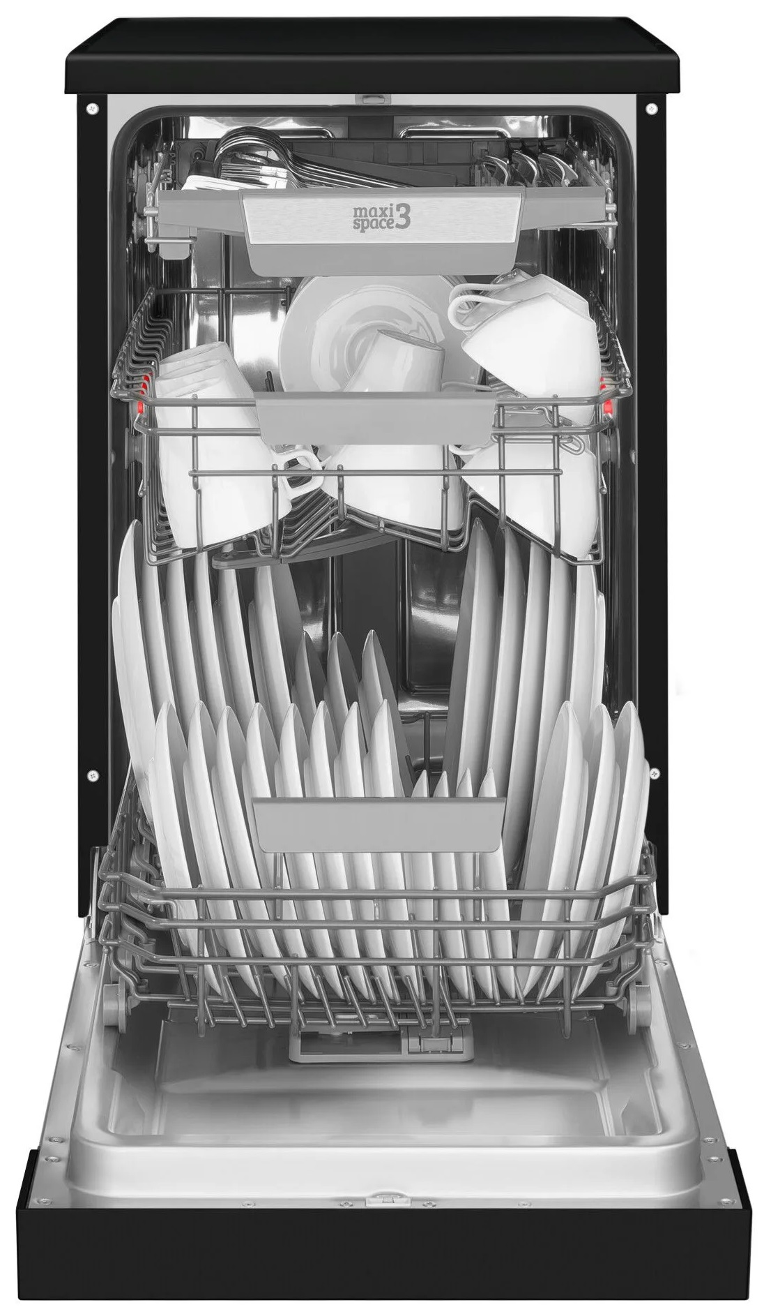 Wnętrze zmywarki wypełnione białymi talerzami, filiżankami i sztućcami. Drzwi otwarte, pokazujące ułożone naczynia.