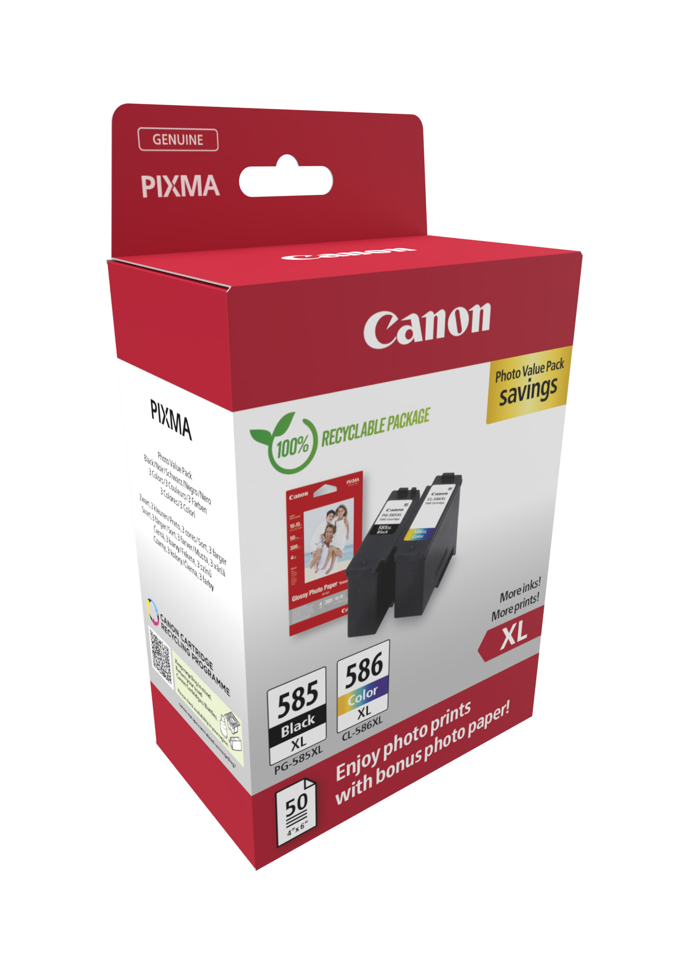 Boîte de cartouches d'encre Canon Pixma. Emballage rouge et blanc avec cartouches d'encre noire et couleur et papier photo.