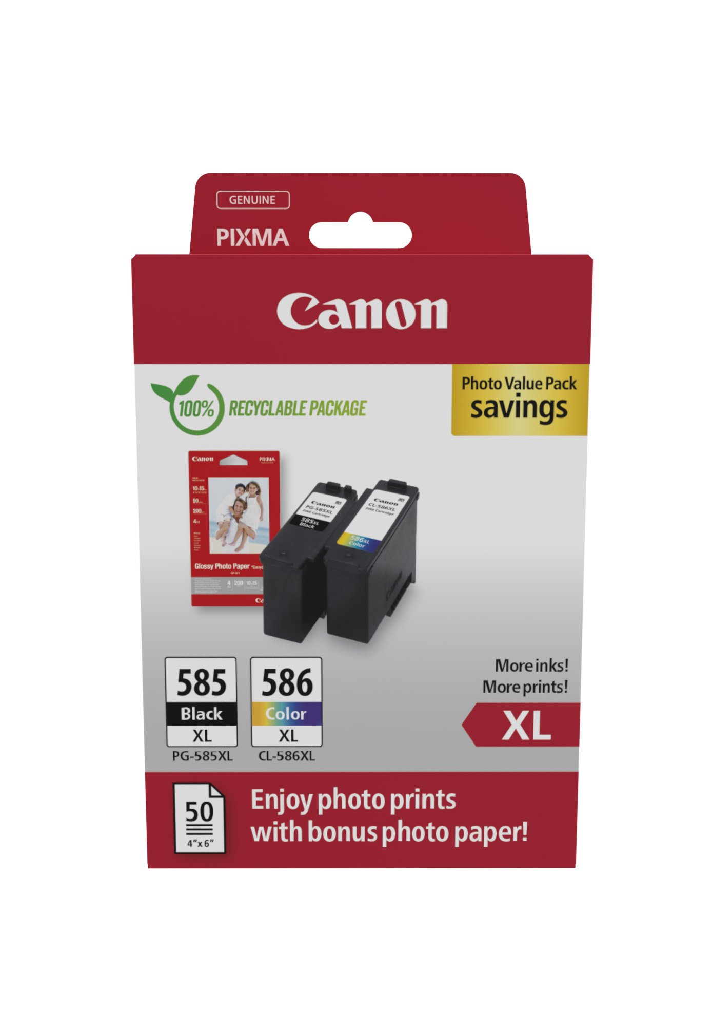 Paquet d'encre Canon Pixma. Contient des cartouches d'encre noire et couleur, du papier photo et des informations de recyclage. Taille XL.