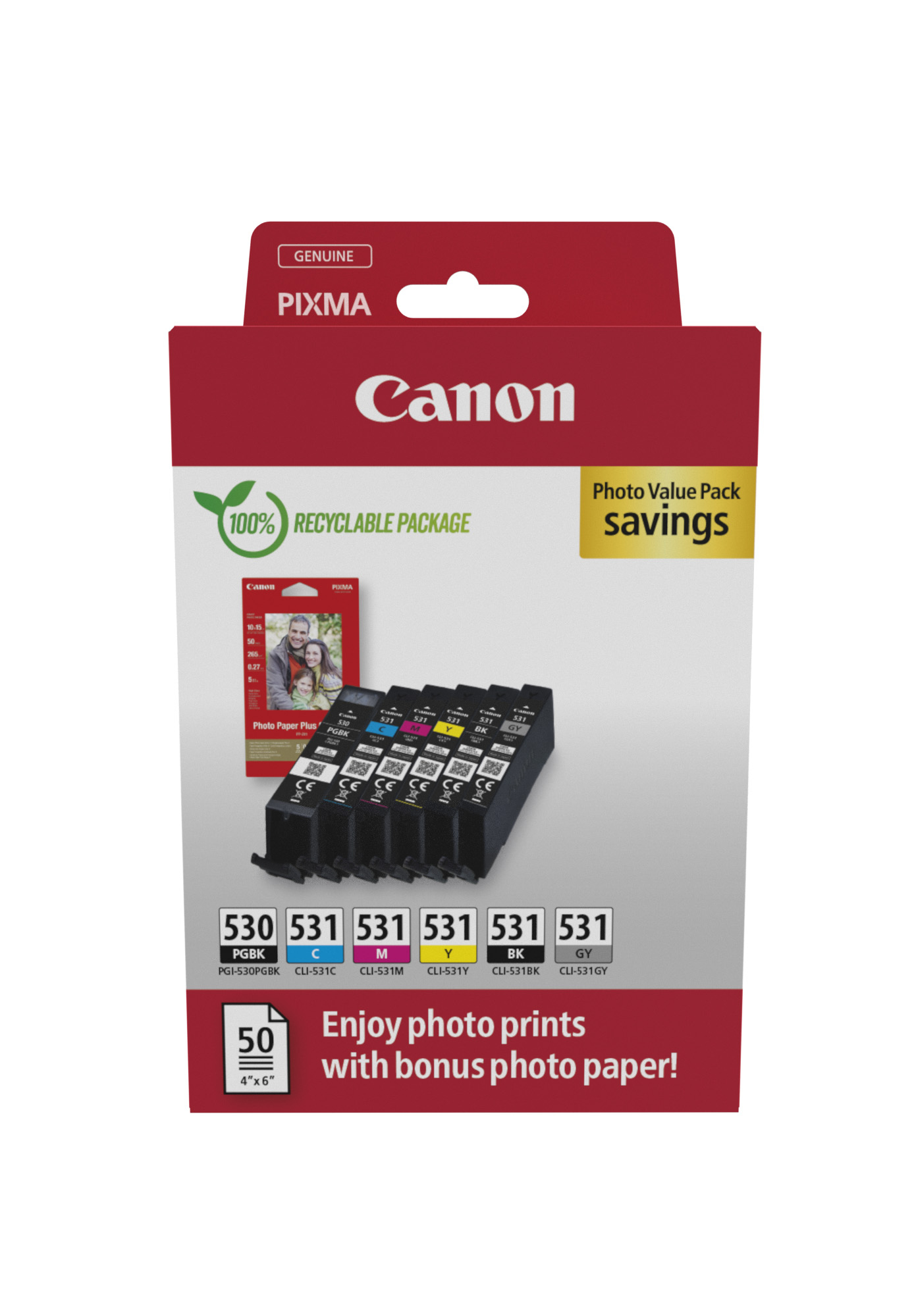 Paquet d'encre d'imprimante Canon avec plusieurs cartouches. Bonus papier photo inclus. Couleurs rouge, noir et jaune visibles.