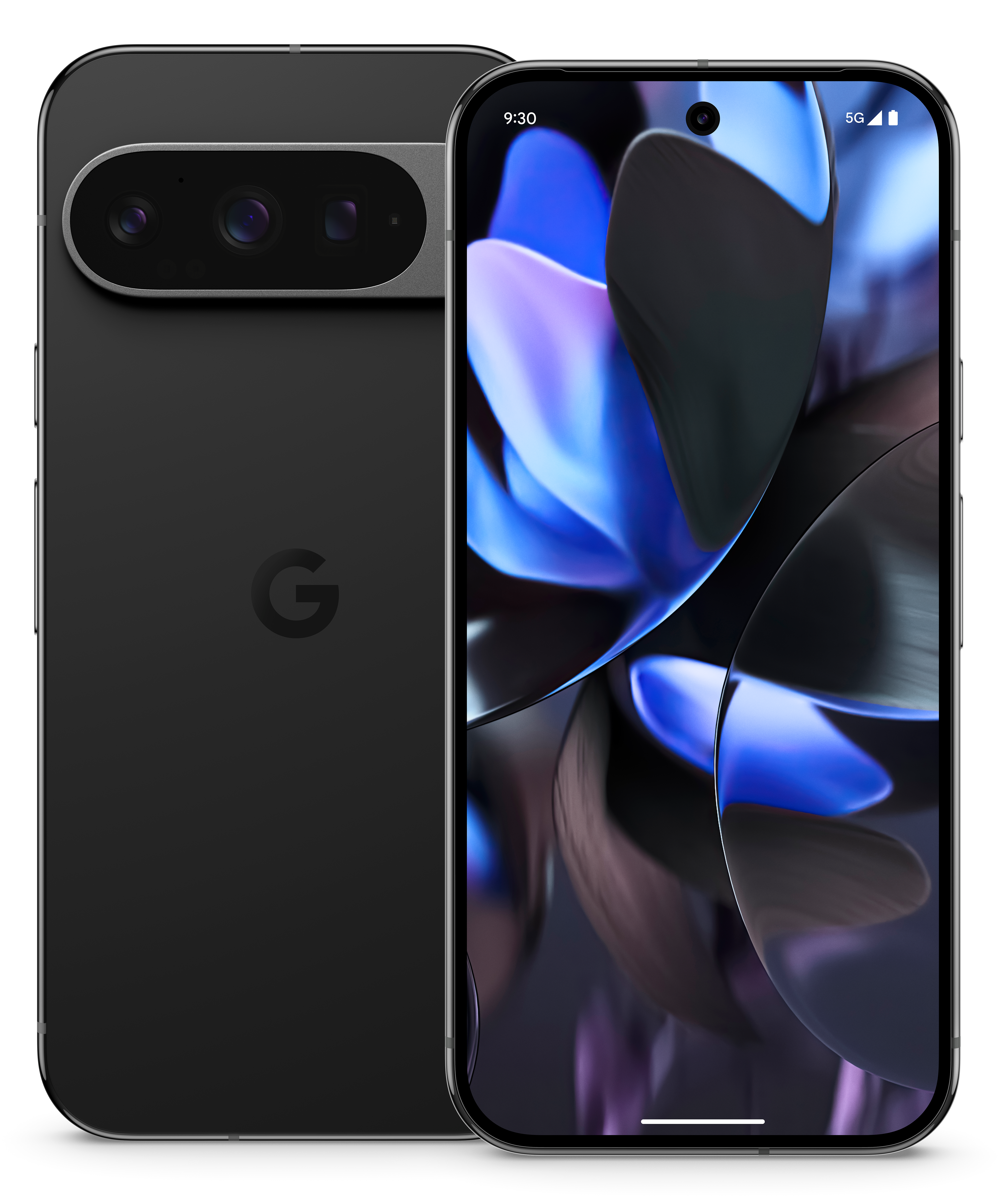 Zwei schwarze Smartphones, eines zeigt ein Blumendesign. Das andere zeigt die Rückseite mit dem 'G' Logo.