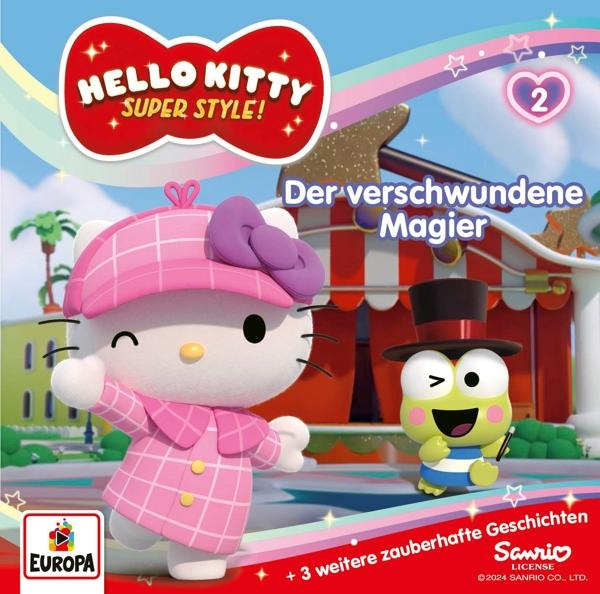 Hello Kitty DVD-Cover. Hello Kitty in pinkem Mantel mit einem Frosch-Zauberer in farbenfrohem Hintergrund.